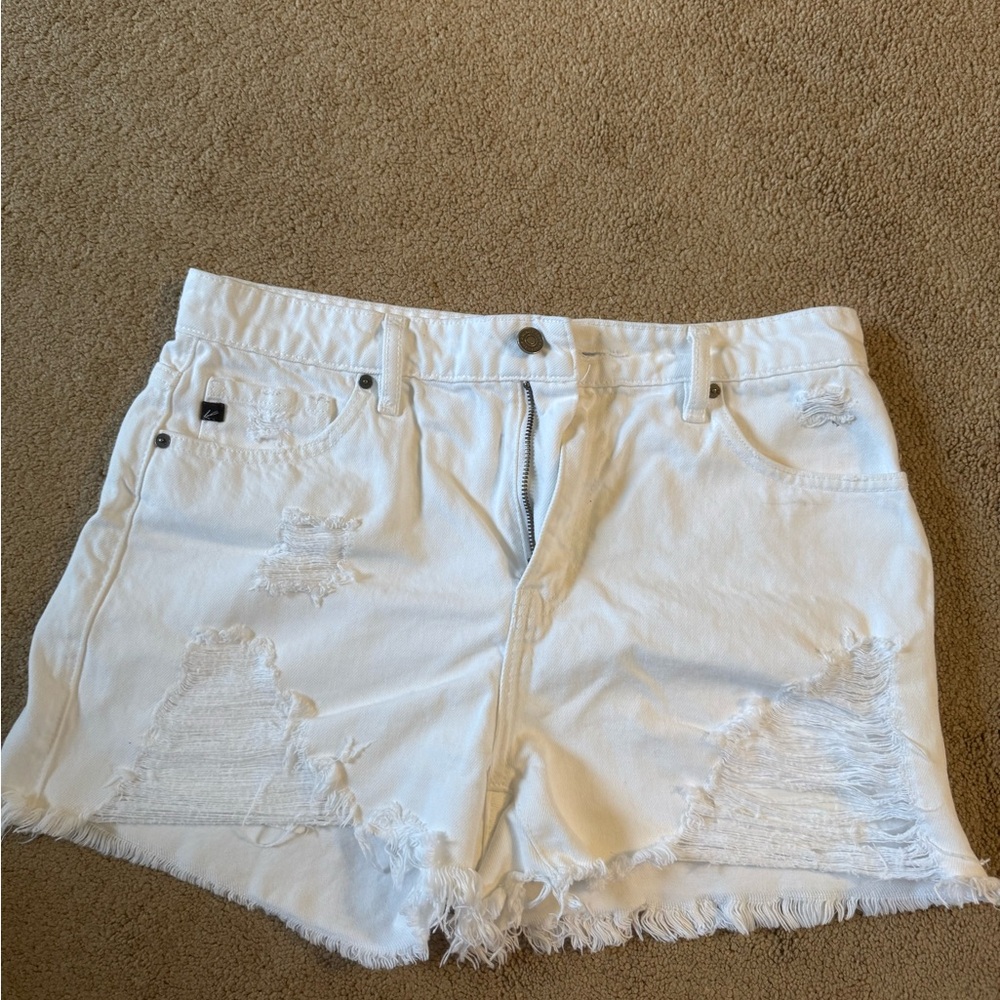White Frayed Hem Jean Shorts with Textured Denim
